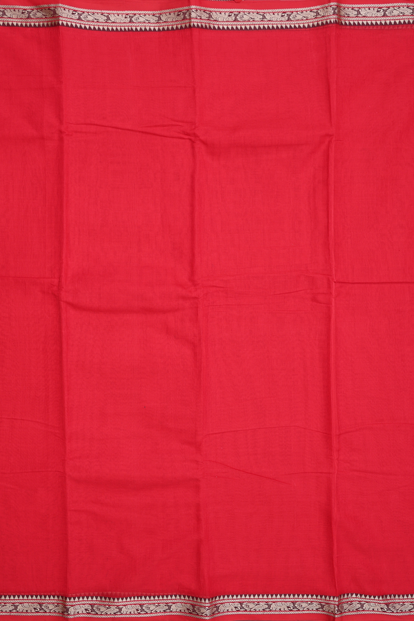 Dharwad Cotton Saree In Scarlet Red With Peacock Border