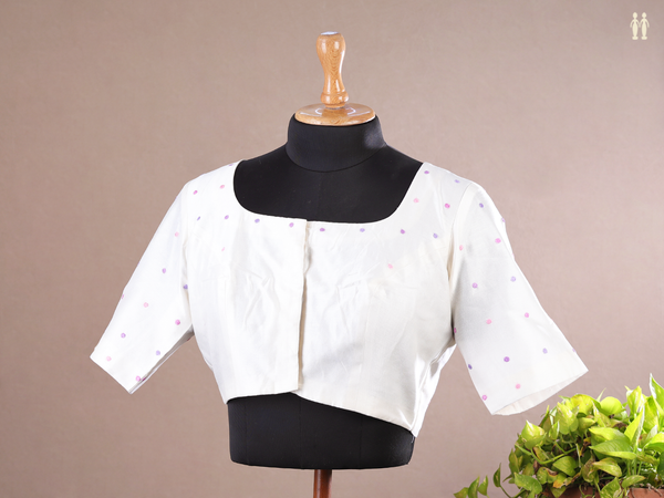 Embroidered Buttis White Linen Readymade Blouse