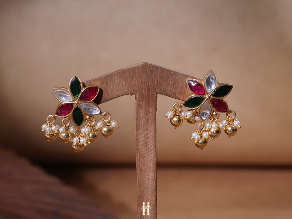 Floral Design With Beads Pure Silver Stud Earrings