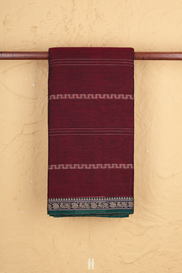 Gadwal Cotton Saree In Burgundy Red With Stripes Design