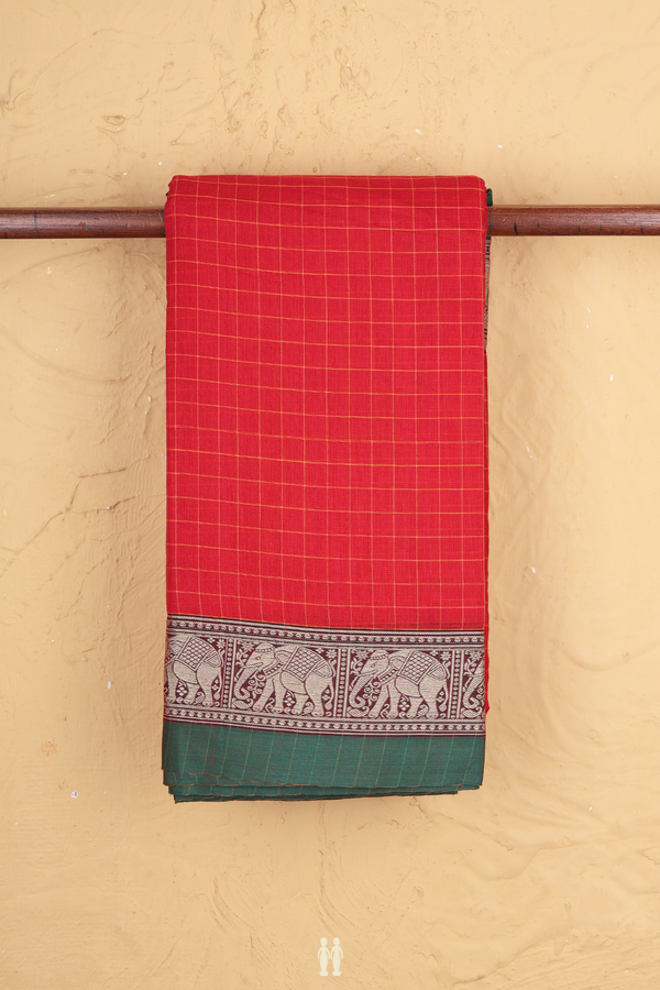 Gadwal Cotton Saree In Chilli Red With Checks Design