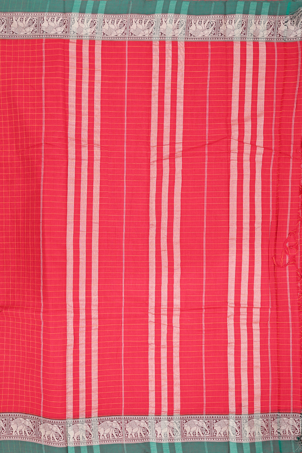 Gadwal Cotton Saree In Chilli Red With Checks Design