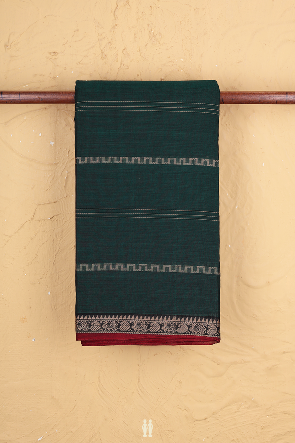 Gadwal Cotton Saree In Forest Green With Stripes Design