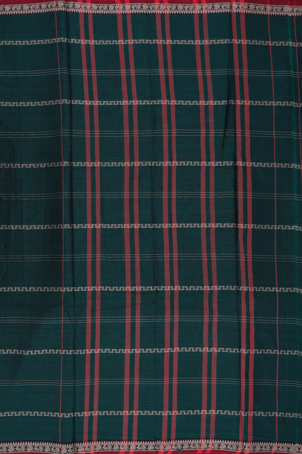 Gadwal Cotton Saree In Forest Green With Stripes Design