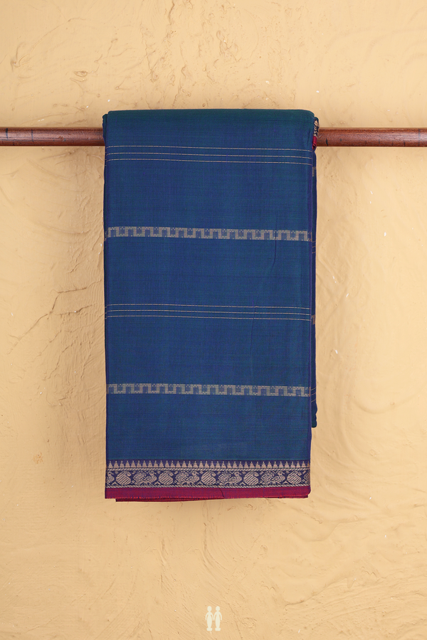 Gadwal Cotton Saree In Prussian Blue With Stripes Design