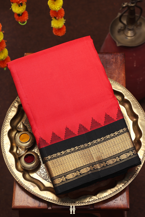 Gadwal Silk Saree In Scarlet Red With Contrast Border