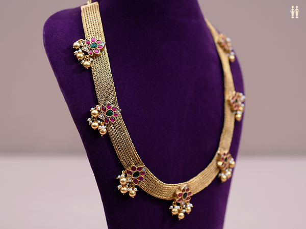 Green And Pink Kemp Stone Gold Plated Pure Silver Necklace