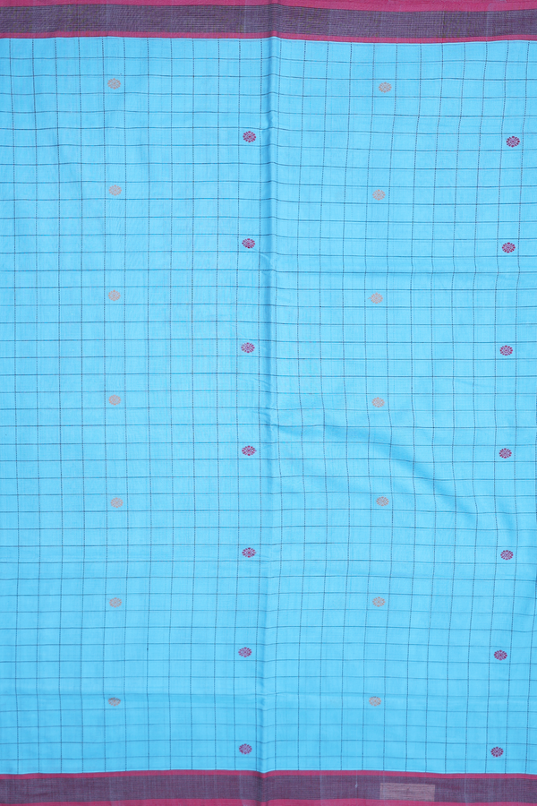 Handloom Cotton Saree In Deep Sky Blue With Checks Design