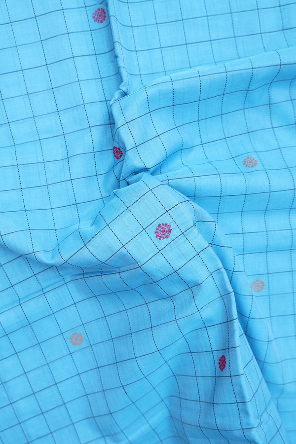 Handloom Cotton Saree In Deep Sky Blue With Checks Design