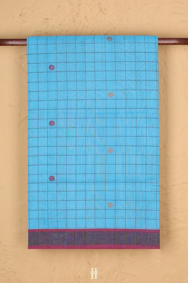 Handloom Cotton Saree In Deep Sky Blue With Checks Design