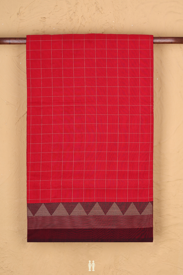 Handloom Cotton Saree In Red With Checks Design
