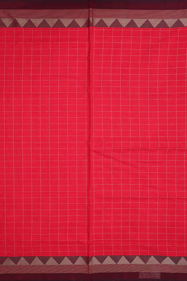 Handloom Cotton Saree In Red With Checks Design