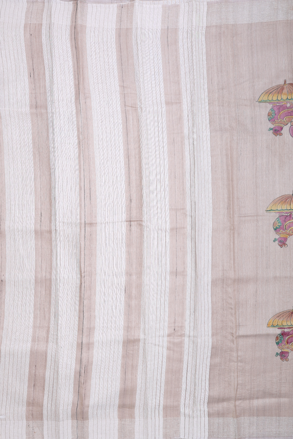 Tussar Silk Saree In Pastel Brown With Hand Painted Design