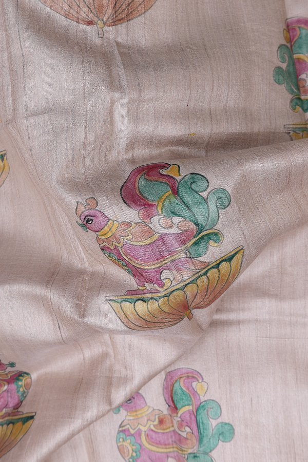 Tussar Silk Saree In Pastel Brown With Hand Painted Design