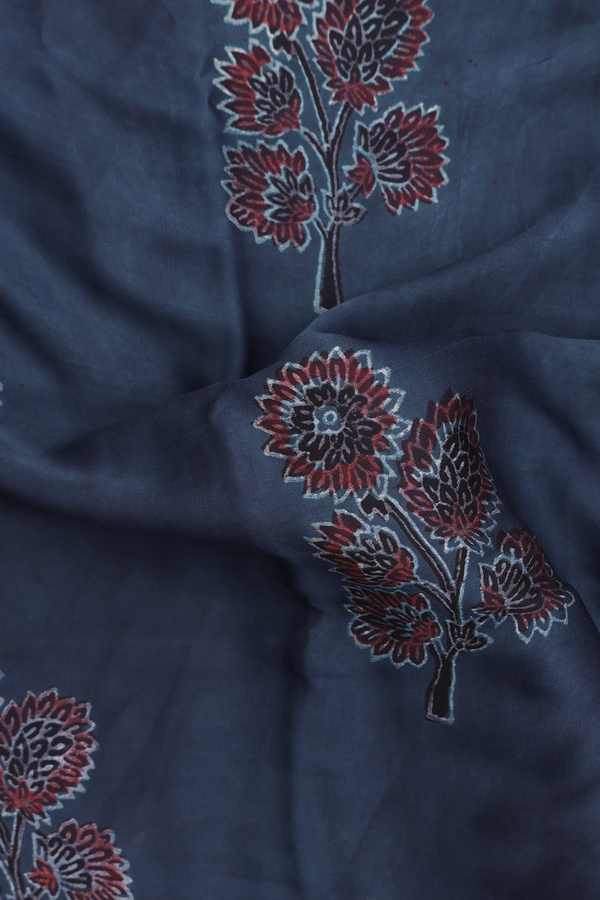 Modal Silk Saree In Prussian Blue With Floral Design