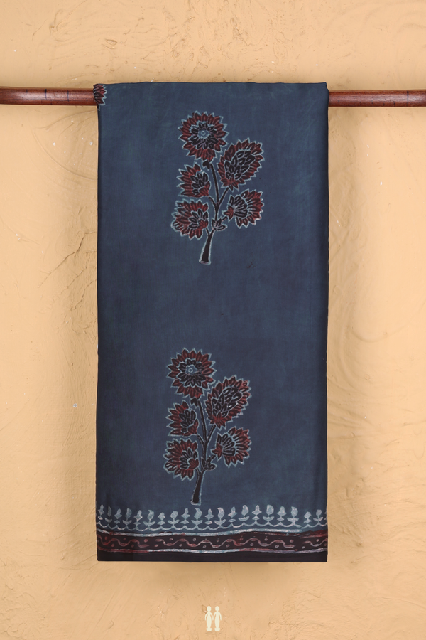 Modal Silk Saree In Prussian Blue With Floral Design