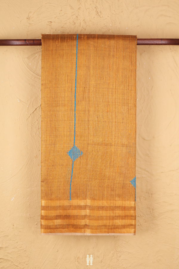 Jute Saree In Ochre Orange With Threadwork Design