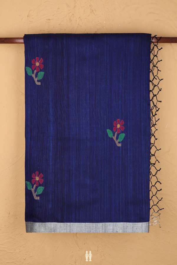 Jute Saree In Oxford Blue With Floral Motifs