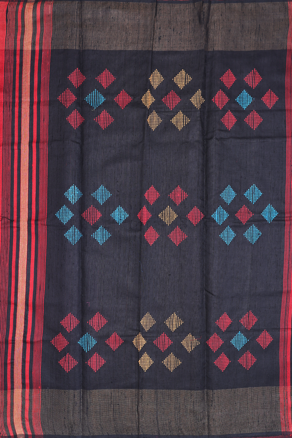 Jute Saree In Red With Threadwork Design