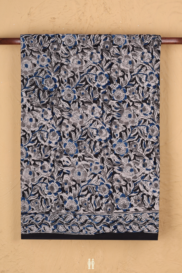 Kalamkari Cotton Saree In Black With Floral Design