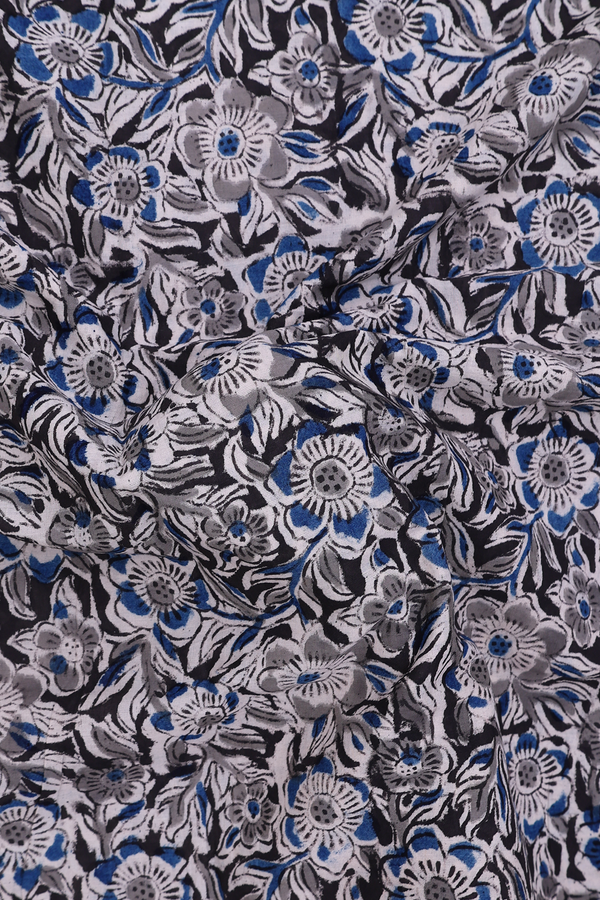 Kalamkari Cotton Saree In Black With Floral Design