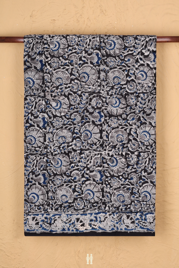 Kalamkari Cotton Saree In Black With Printed Design