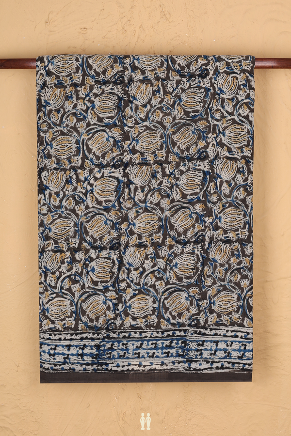 Kalamkari Cotton Saree In Olive Green With Floral Design