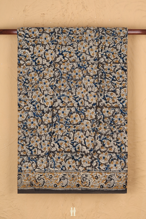 Kalamkari Cotton Saree In Olive Green With Floral Design