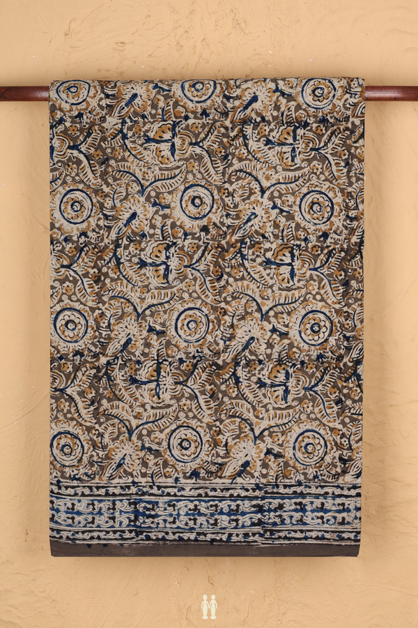 Kalamkari Cotton Saree In Olive Green With Floral Design