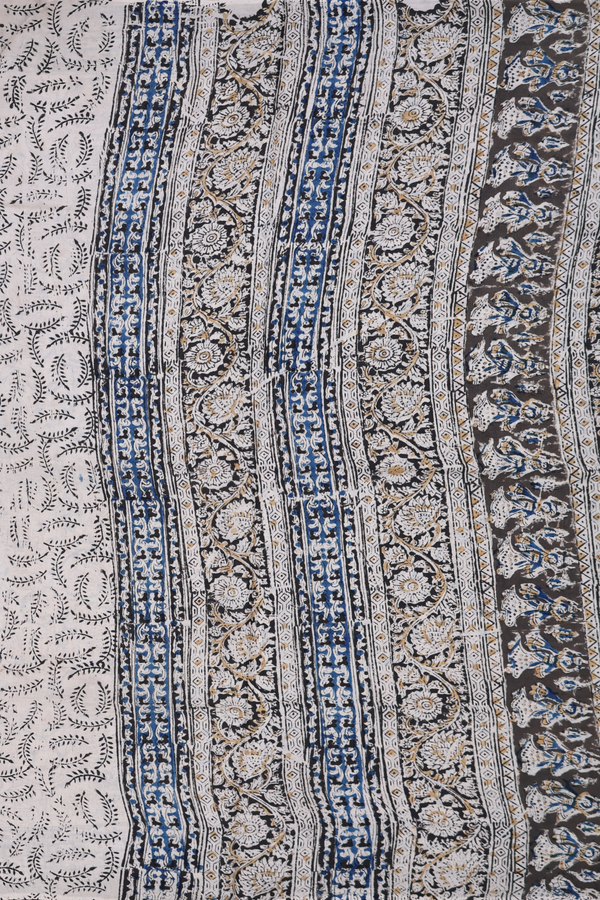 Kalamkari Cotton Saree In Olive Green With Floral Design