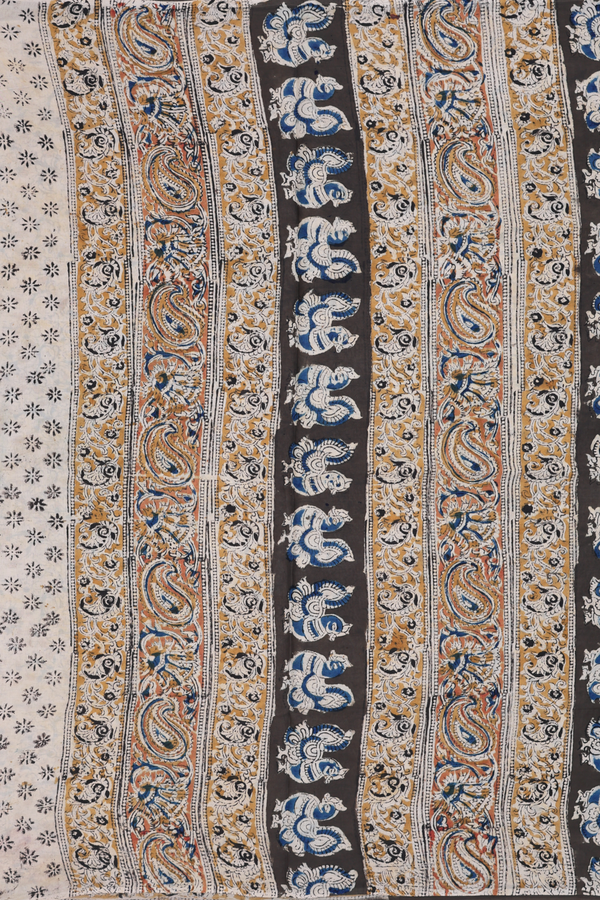 Kalamkari Cotton Saree In Olive Green With Floral Design