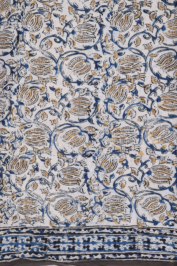 Kalamkari Cotton Saree In Olive Green With Floral Design