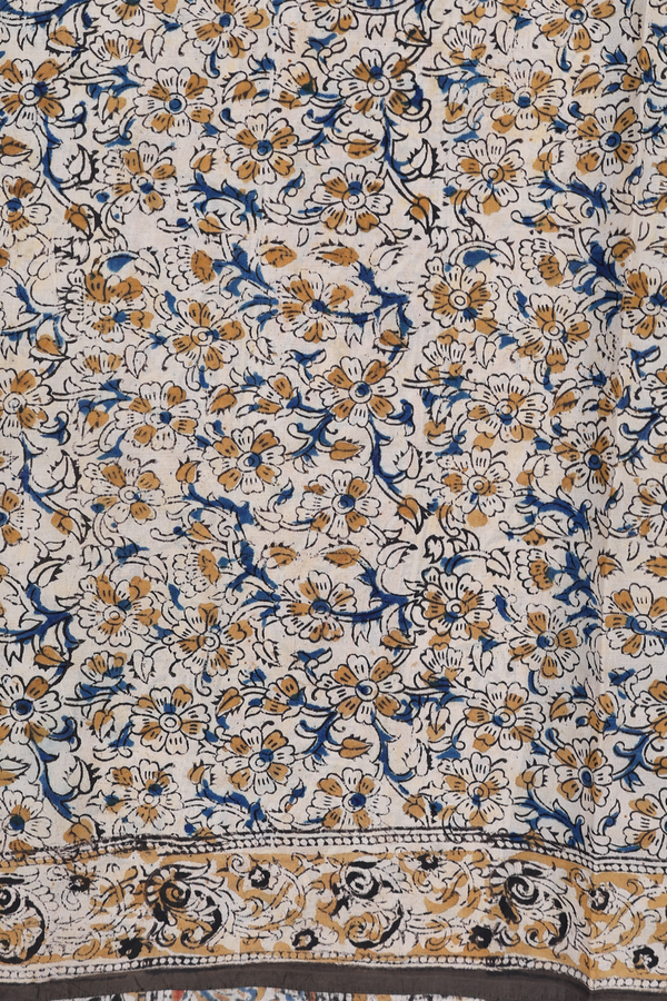 Kalamkari Cotton Saree In Olive Green With Floral Design