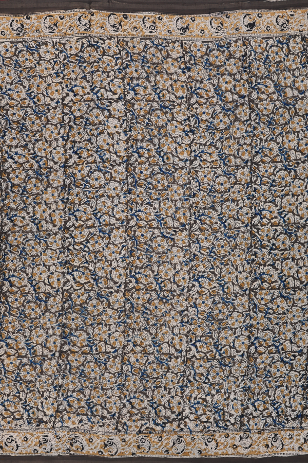 Kalamkari Cotton Saree In Olive Green With Floral Design