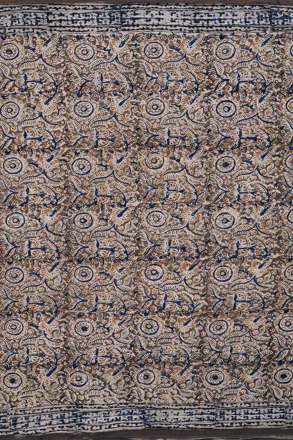 Kalamkari Cotton Saree In Olive Green With Floral Design