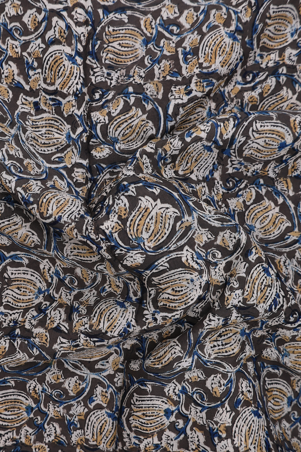 Kalamkari Cotton Saree In Olive Green With Floral Design