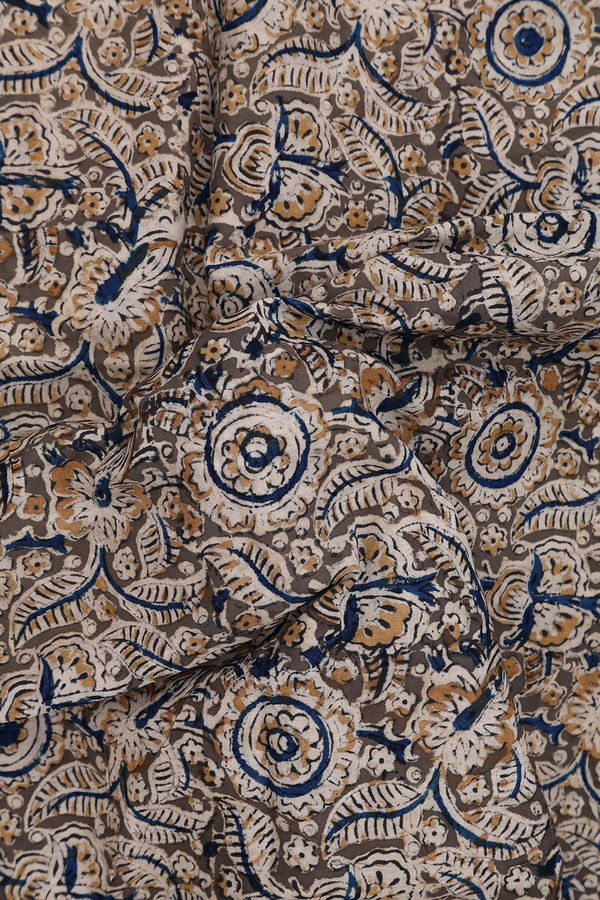 Kalamkari Cotton Saree In Olive Green With Floral Design