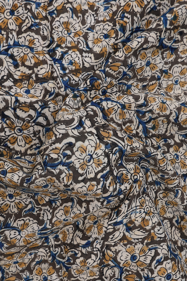 Kalamkari Cotton Saree In Olive Green With Floral Design