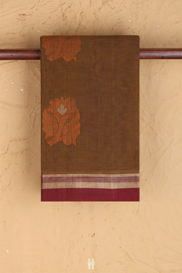 Kanchi Cotton Saree In Brown With Floral Motifs