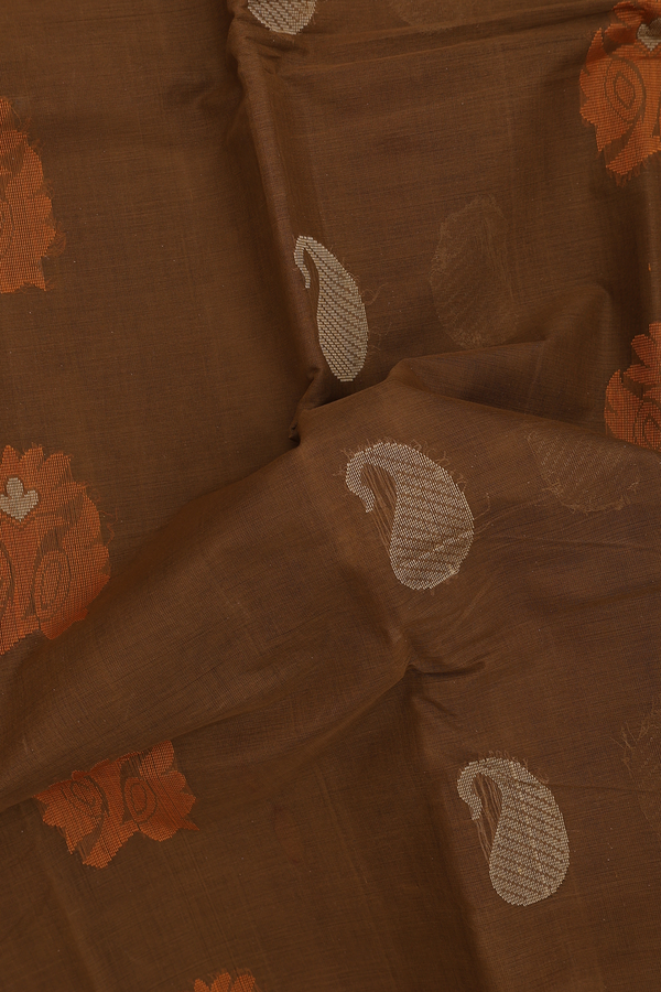 Kanchi Cotton Saree In Brown With Floral Motifs
