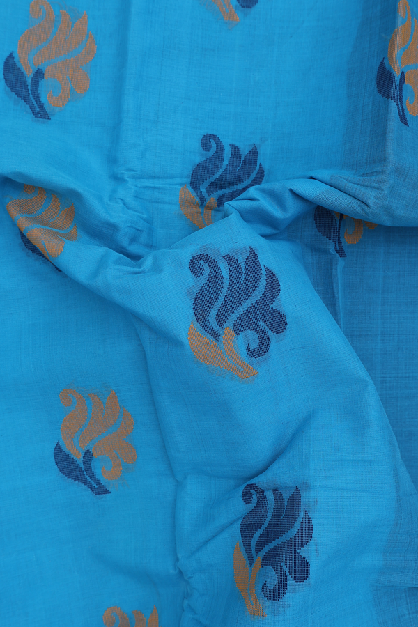 Kanchi Cotton Saree In Deep Sky Blue With Threadwork Motifs