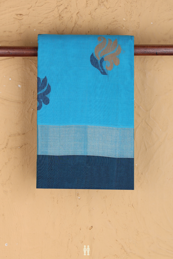 Kanchi Cotton Saree In Deep Sky Blue With Threadwork Motifs
