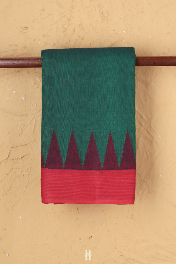 Kanchi Cotton Saree In Forest Green With Contrast Border