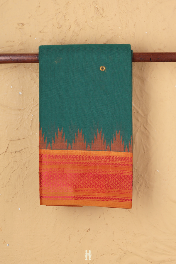 Kanchi Cotton Saree In Forest Green With Threadwork Buttas