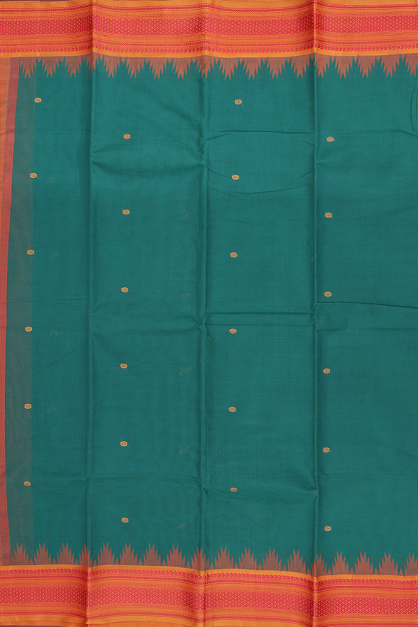 Kanchi Cotton Saree In Forest Green With Threadwork Buttas