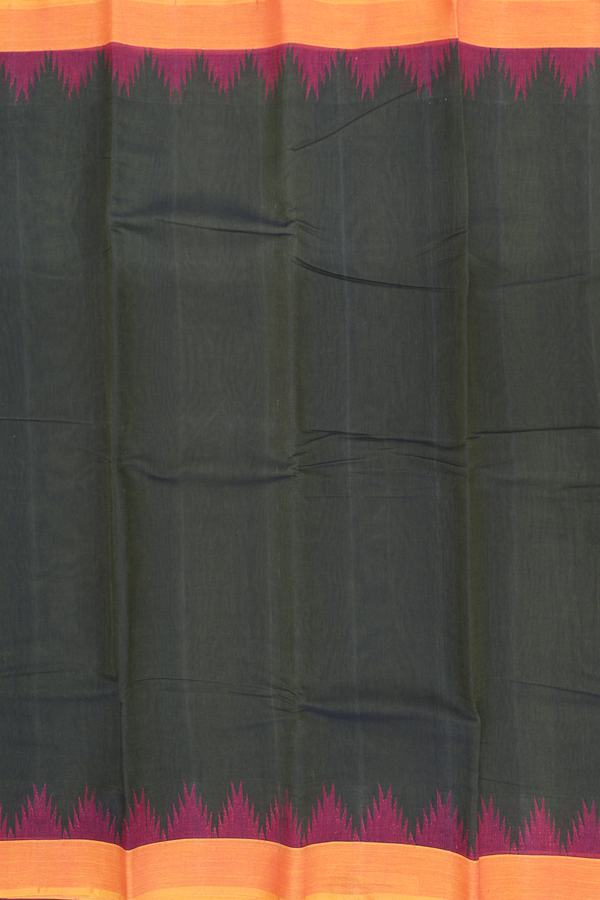 Kanchi Cotton Saree In Olive Green With Temple Border