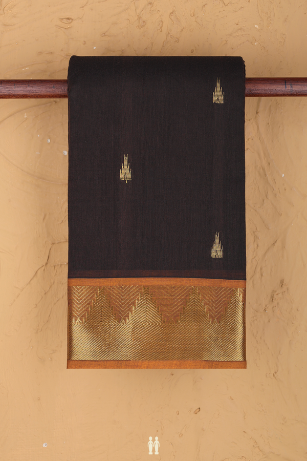 Kanchi Cotton Saree In Oxford Brown With Temple Buttas