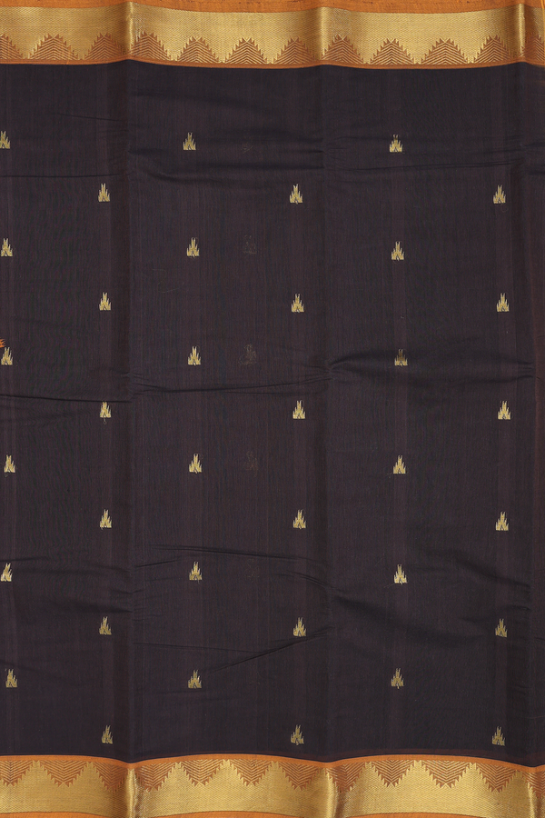 Kanchi Cotton Saree In Oxford Brown With Temple Buttas