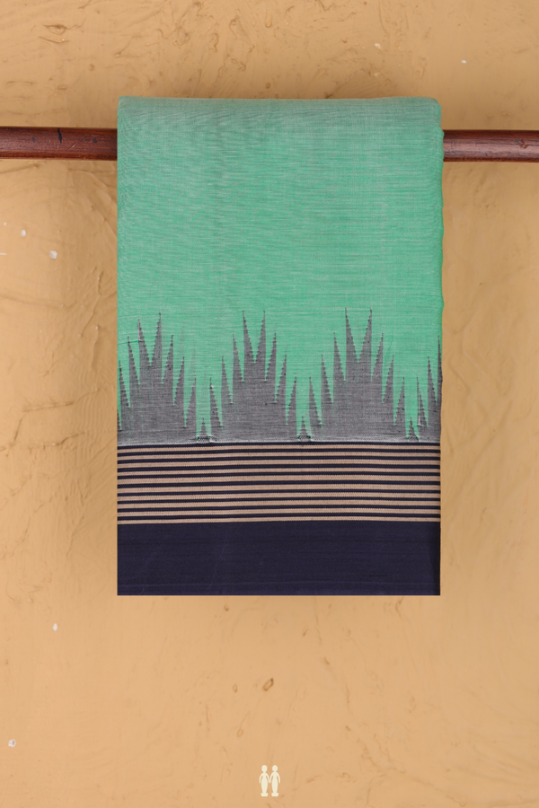 Kanchi Cotton Saree In Plain Green With Temple Border