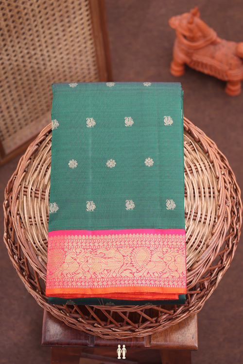 Kanchipuram Silk Saree In Forest Green With Peacock Buttas